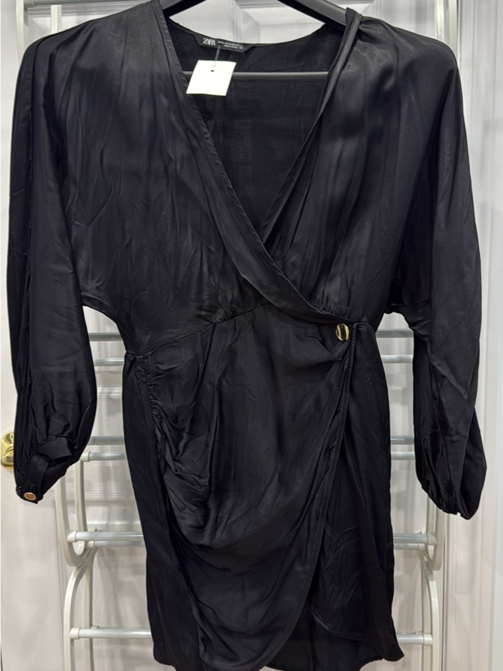 Zara Black Satin-Look Wrap Dress with Gold Button